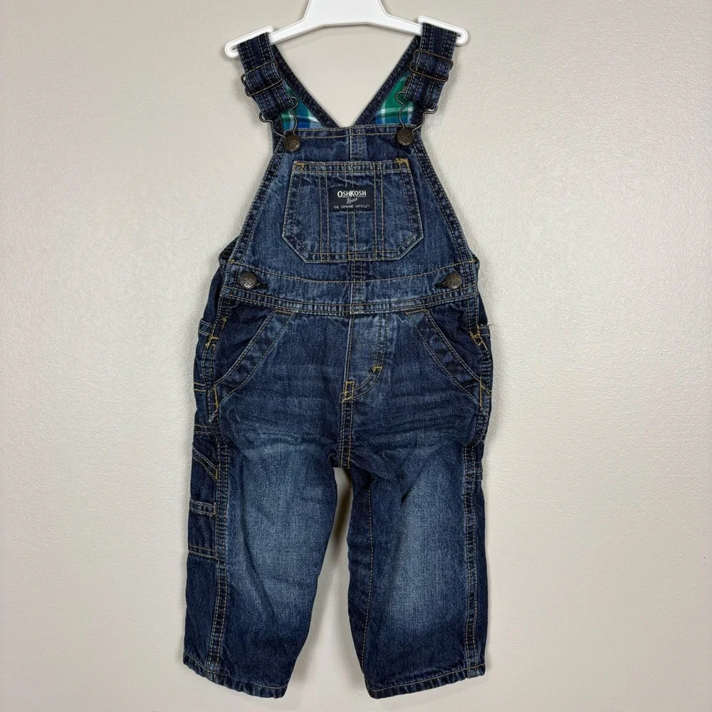 OshKosh B'Gosh Denim Bib Overalls‎ Vestbak Size 9 Mos. Plaid Flannel Lining Blue